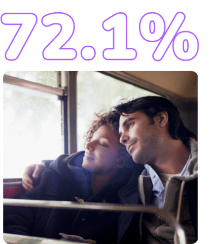An interracial dating couple sit comfortably in each other’s arms while travelling by bus